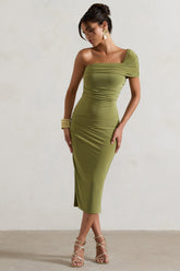 Olive Asymmetric One-Shoulder Split Midi Dress